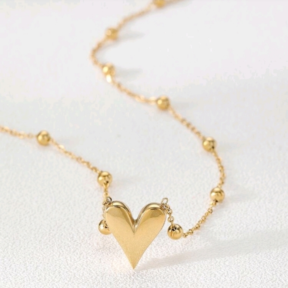 NEW! 18K Gold Plated Puffy Heart Pendant & Bead Station Chain Necklace